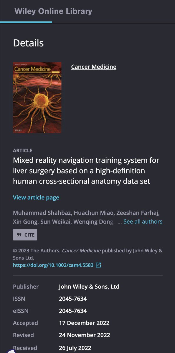 drmsurg's tweet photo. @CancerMedicineJ Cancer Medicine SCI IF 4.8 published our State of the art work https://t.co/Q11WsWSynr Mixed reality navigation training system for liver surgery based on a high‐definition human cross‐sectional anatomy data set”. Great pleasure to be First Author. https://t.co/okqrQ1sCWp