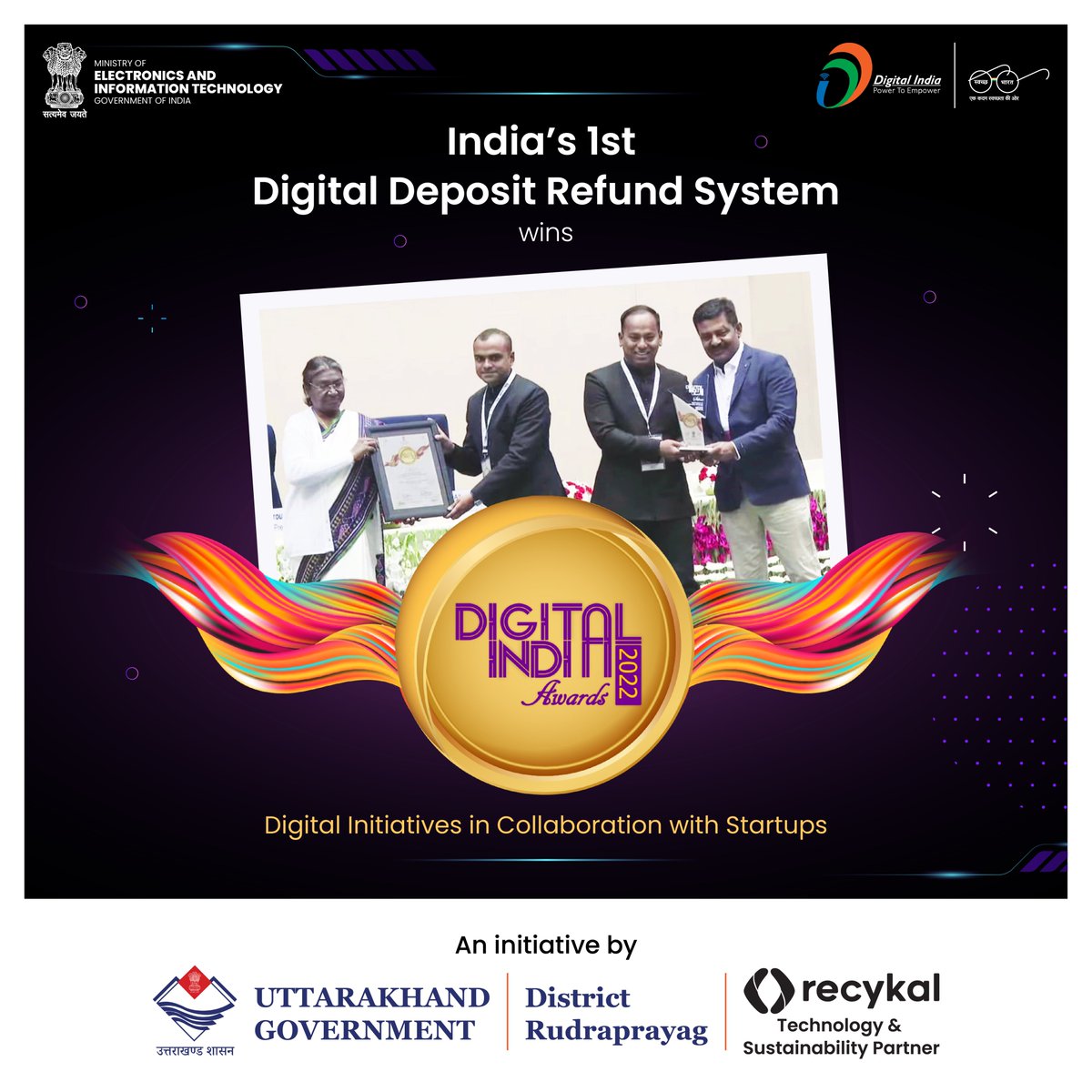recykaldotcom's tweet photo. Jan 7, 2023 is a monumental moment for @recykaldotcom🙌 

Here’s a glimpse of Hon'ble President Smt. Droupadi Murmu @rashtrapatibhvn bestowing the National Award Instituted by @MeitY to the Digital DRS project. 

#nationalaward #kedarnathplasticmanagment #DigitalIndiaAwards2022 https://t.co/nsT4qWkTZM