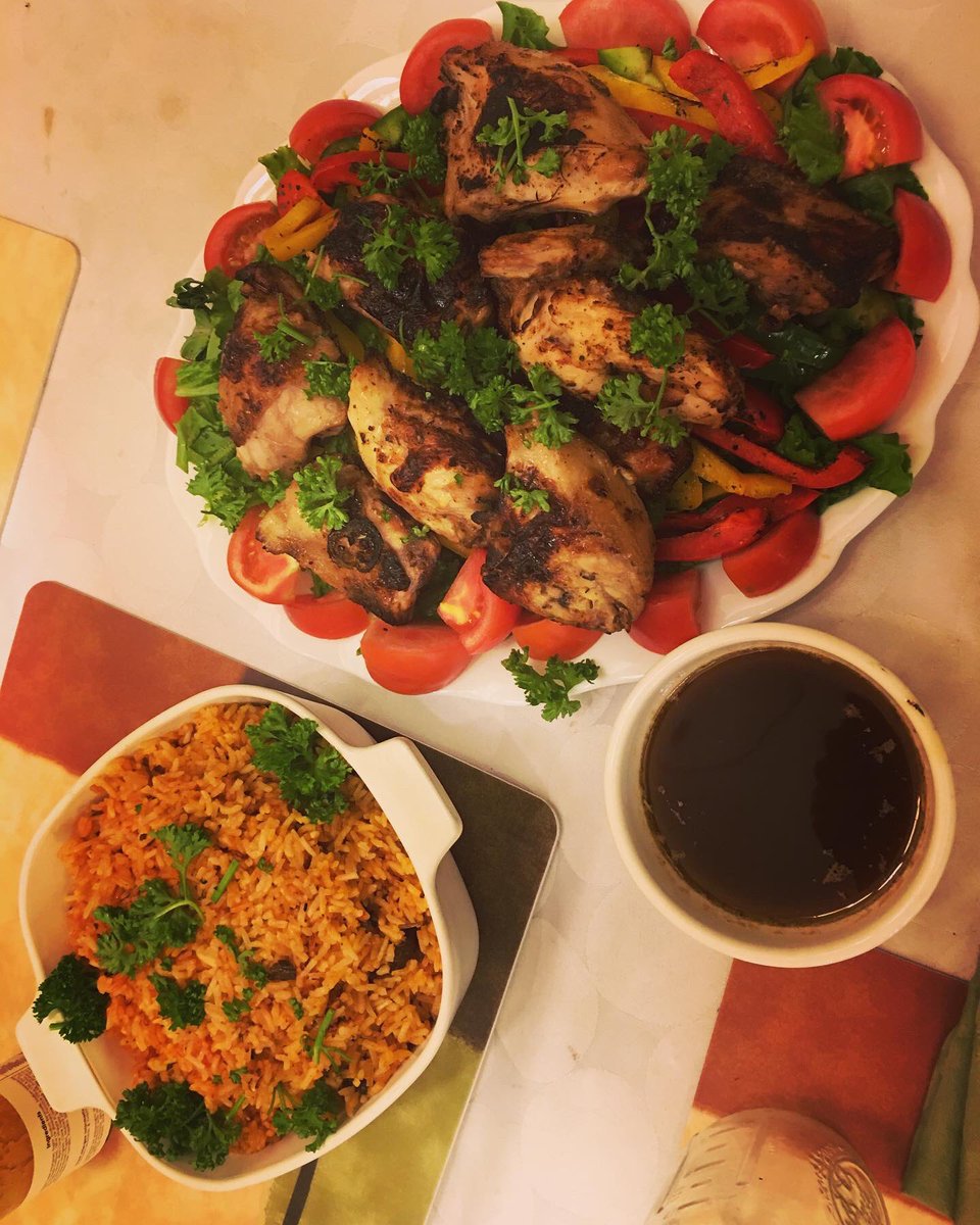 Inumakati's tweet photo. We rocked the Spanish chicken in the air fryer. The rice was supposed to be paella style but we don’t have the correct pan for that. #GetYourEatsOn https://t.co/76t0E2rolM