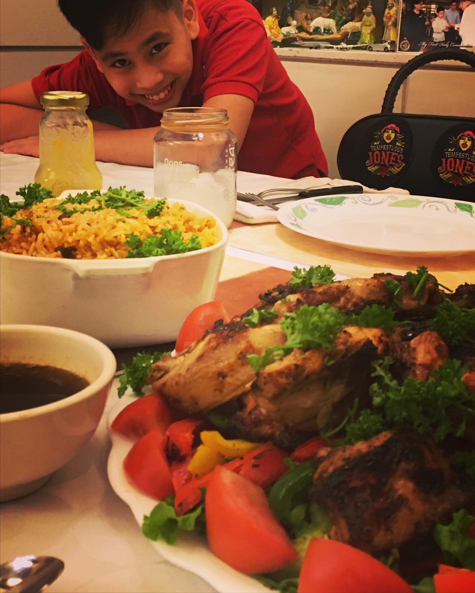 Inumakati's tweet photo. We rocked the Spanish chicken in the air fryer. The rice was supposed to be paella style but we don’t have the correct pan for that. #GetYourEatsOn https://t.co/76t0E2rolM