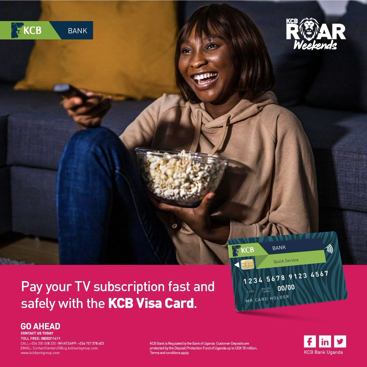 kcbbankug's tweet photo. Enjoy convenient payments at home using your #KCBVisaCard to renew your subscription while watching your favorite channel. 
#KCBRoarWeekends #KCBGoAhead https://t.co/cgSNtNUfSk