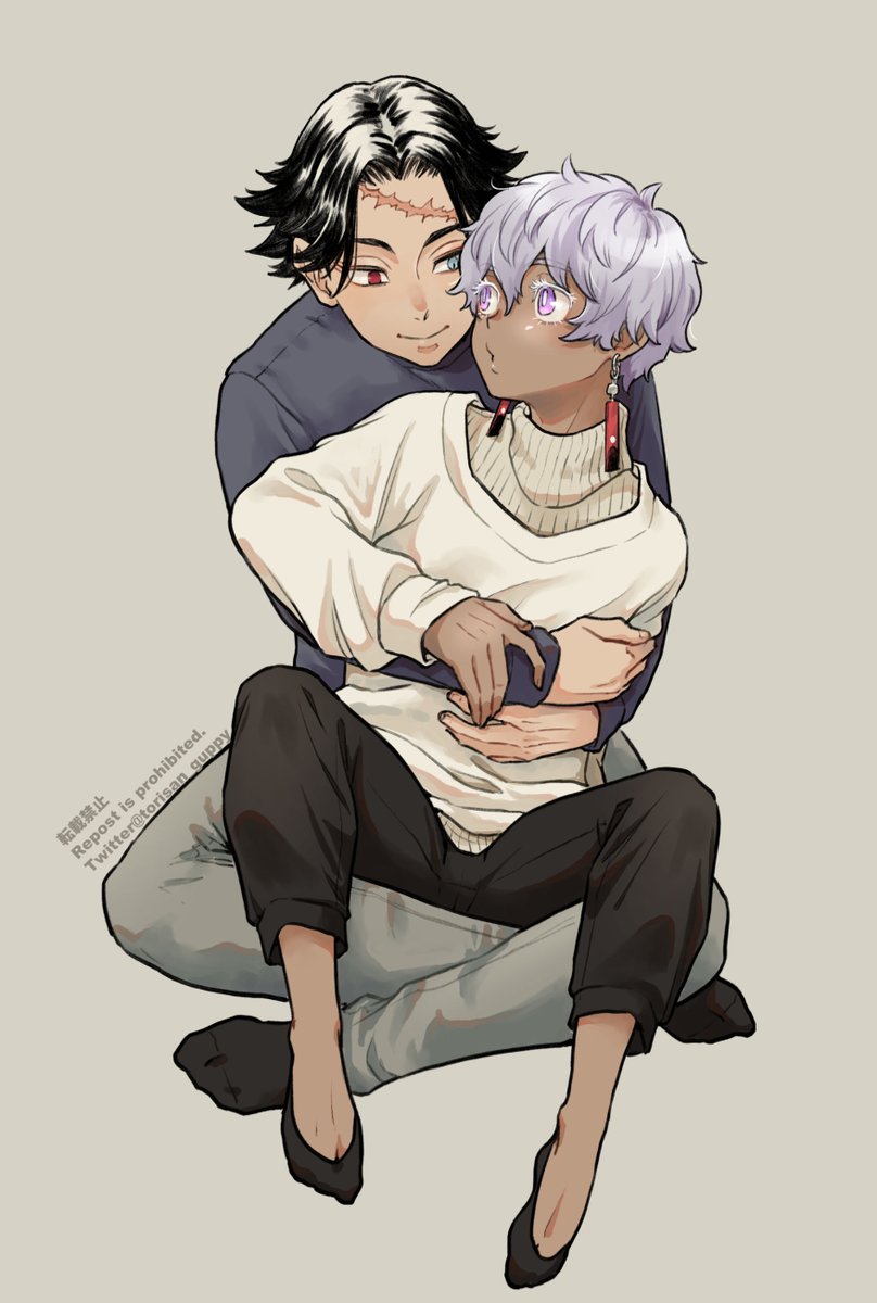 hug from behind hug pants black hair dark skin red eyes sweater  illustration images