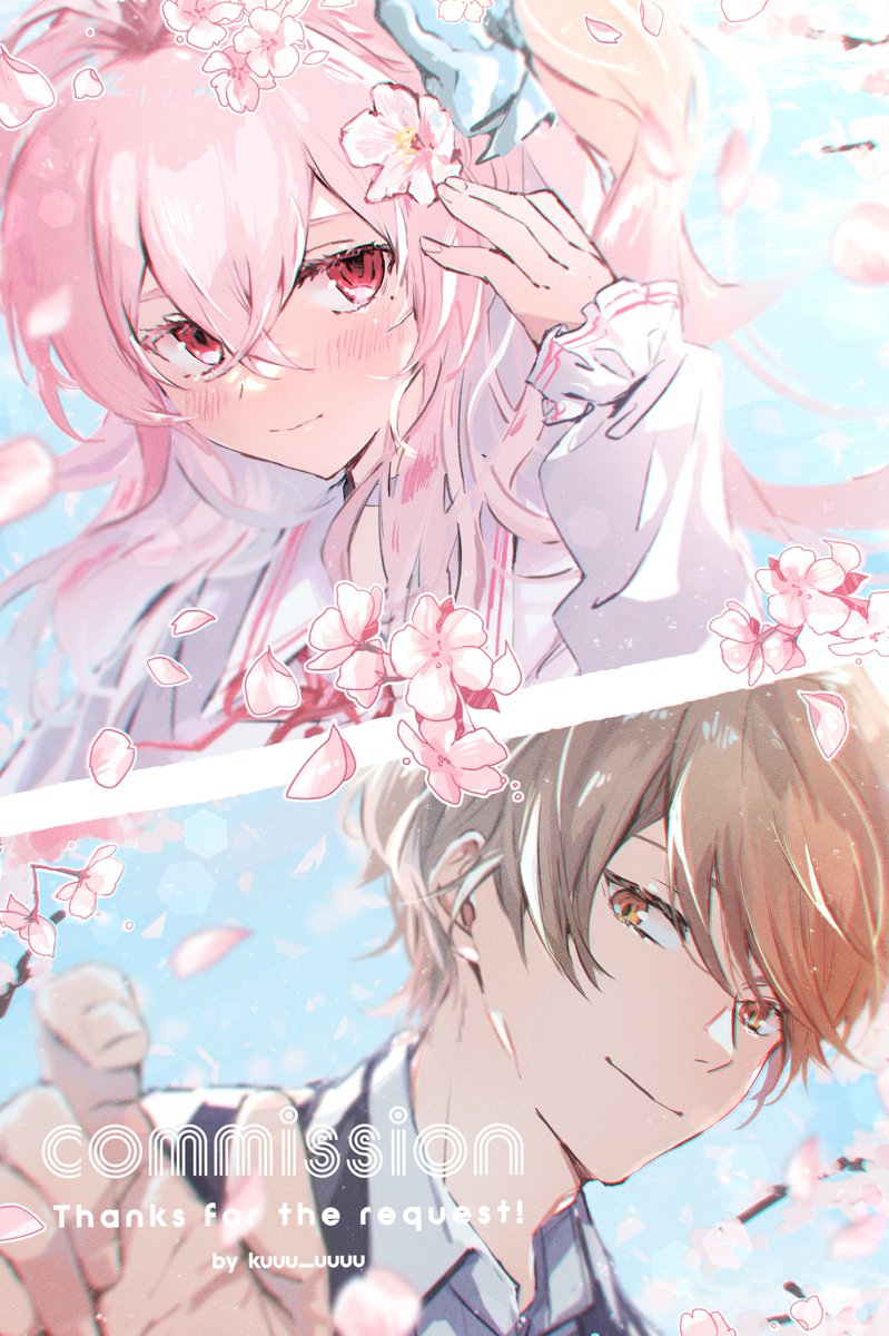 1girl 1boy pink hair brown hair brown eyes smile cherry blossoms  illustration images
