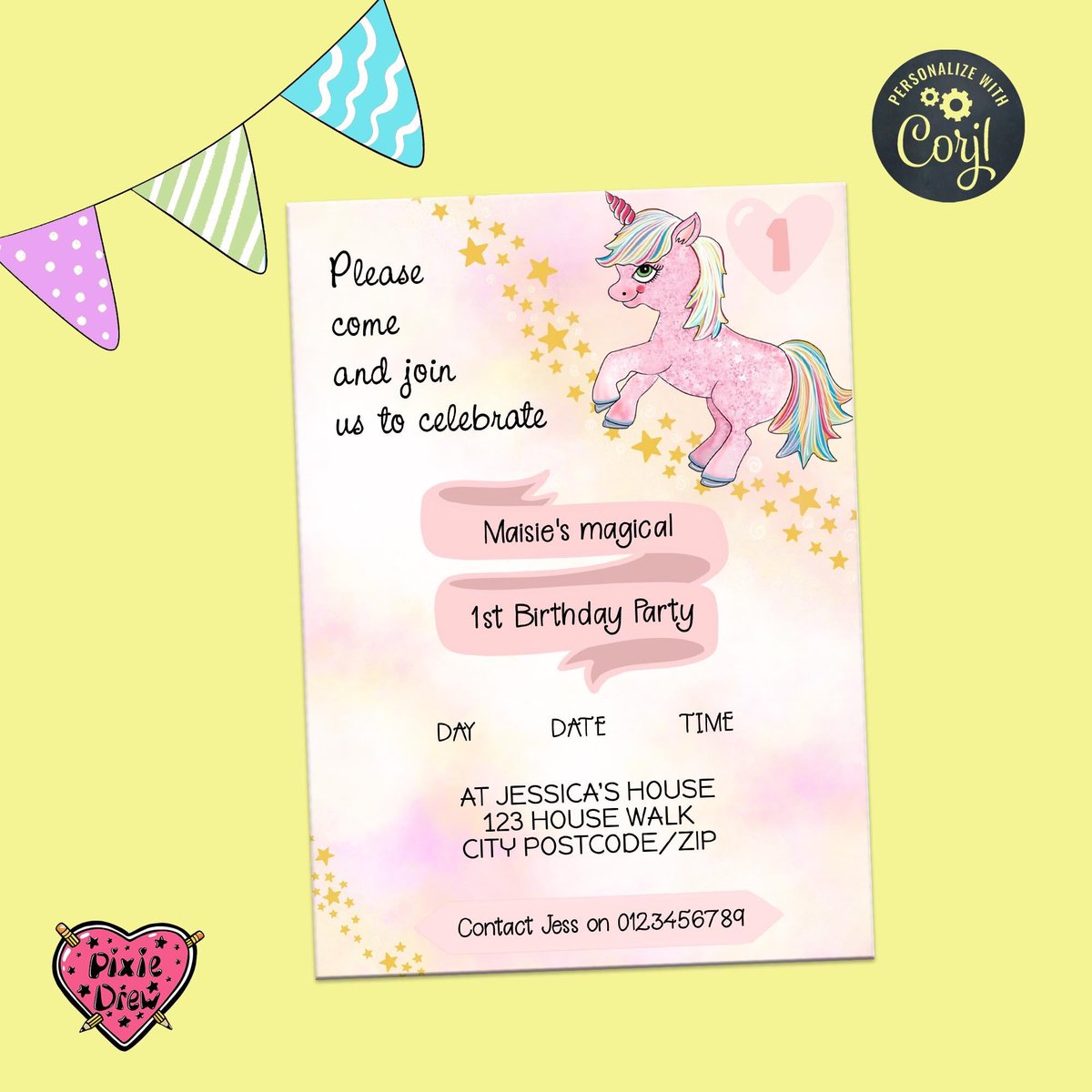 #Editable #unicorn #Birthday #partyinvitation for #children, template instant download to edit yourself with #Corjl etsy.me/3Cw7xQg