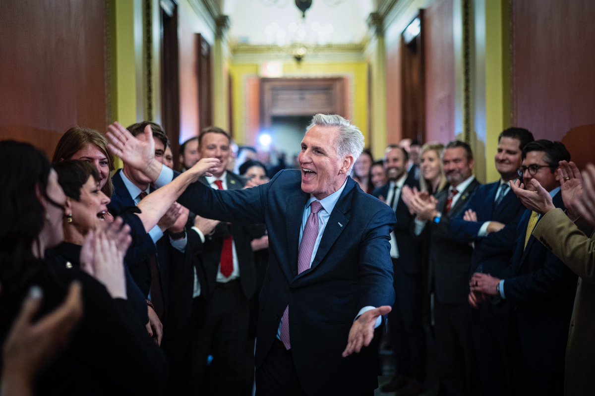 Newly elected House Speaker @GOPLeader Kevin McCarthy of Calif., after 15 rounds of voting, is greeted by staff, family and other representatives in his office hallway after being sworn in at the U.S. Capitol in Washington, early Saturday, Jan. 7, 2023.