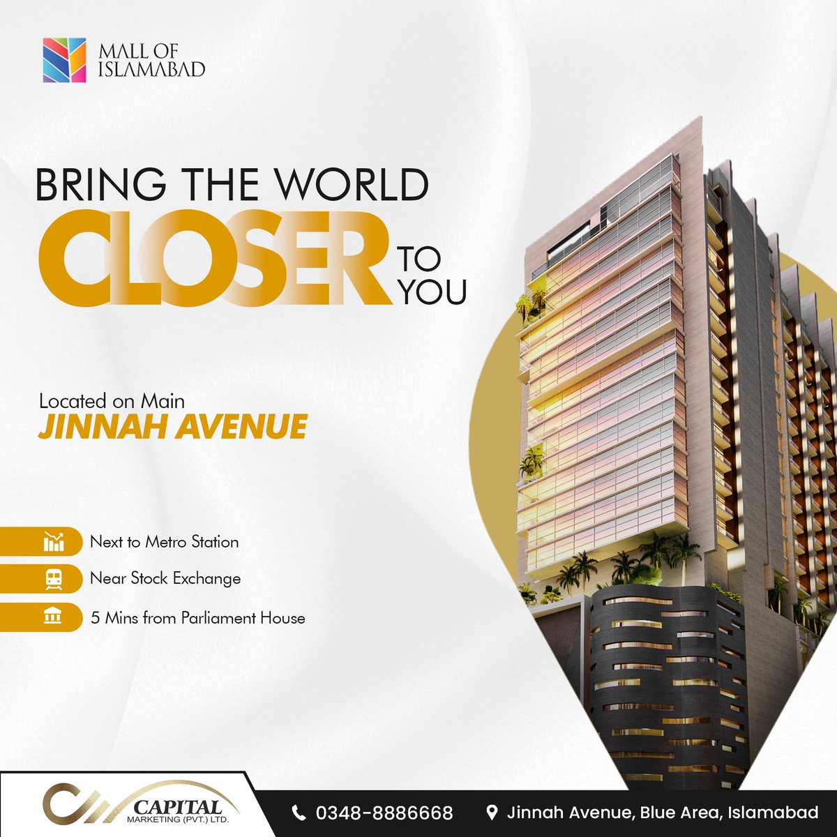 Experience the convenience of city life at the Mall of Islamabad! Located on Main Jinnah Avenue, A short walk from the metro station and the stock exchange. Plus, it's only a 5-minute drive from the Parliament House.
#MallofIslamabad #InternationalBrands #LocalBrands #location