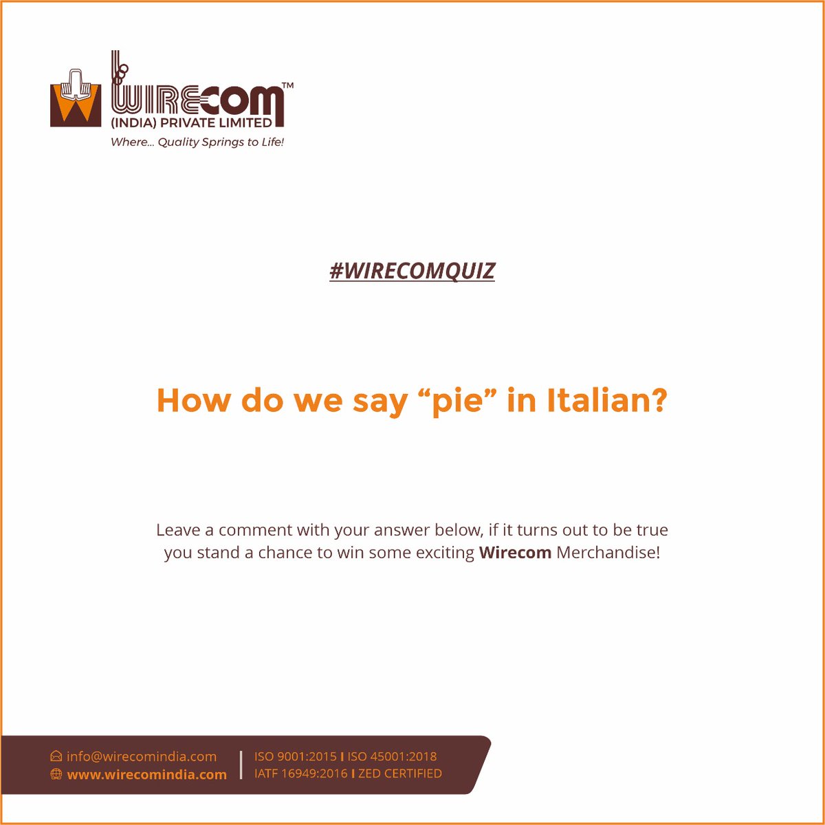 WirecomIndia's tweet photo. Take this trivia #quiz🙄🤯, and #challenge yourself💪

How do we say "pie" in italian?🥧

All the best! You can share the quiz and challenge your friends and family and comment your answer to win exciting prizes🎁🥳 from #Wirecom.

#quiztime #quizinstagram #trivia #challengeself https://t.co/2hYwQIzHJi