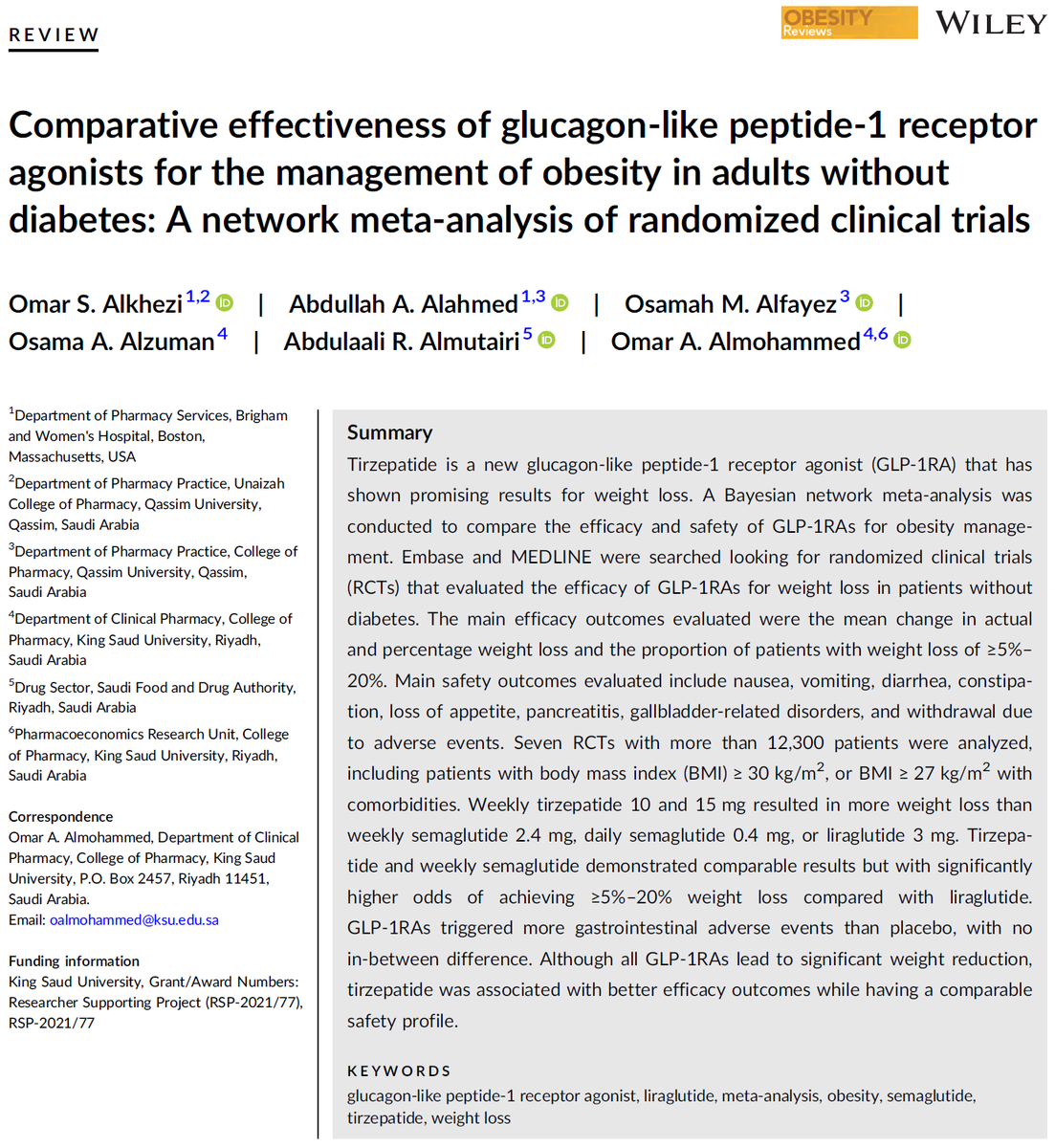 Dr_Almohammed's tweet photo. Happy to share with you some of the results of our recently published Network-Meta Analysis in the Obesity Review Journal (IF 10.86)

Tirzepatide is a new GLP-1RA that has shown promising results for weight loss and this NMA was conducted to compare its effect to other GLP-1RAs https://t.co/NmclN5QjWl