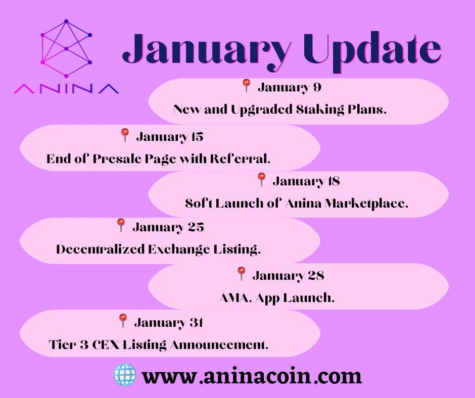 🌐 aninacoin.com

💎JANUARY UPDATE💎
🎉 Here are the things we look forward of ANA coin for 2023.
📌 Don’t forget to keep sharing, voting and shilling. 

#aninacoin #anacoin #anacoinfinance #anexc #aninatechltd