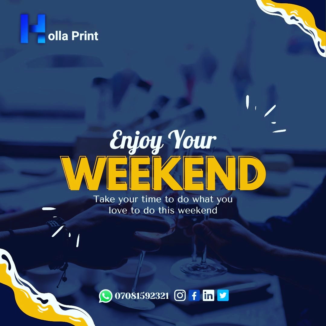 Hollaprints's tweet photo. We wish you happy first weekend in 2023.
Make sure you do what you have to do that will make you happy this weekend.

Dont forget to give us a dm if you need a printing service or adorable graphic designs.
A referral is appreciated too.

Your order is our most priority. https://t.co/pALRTfToeD
