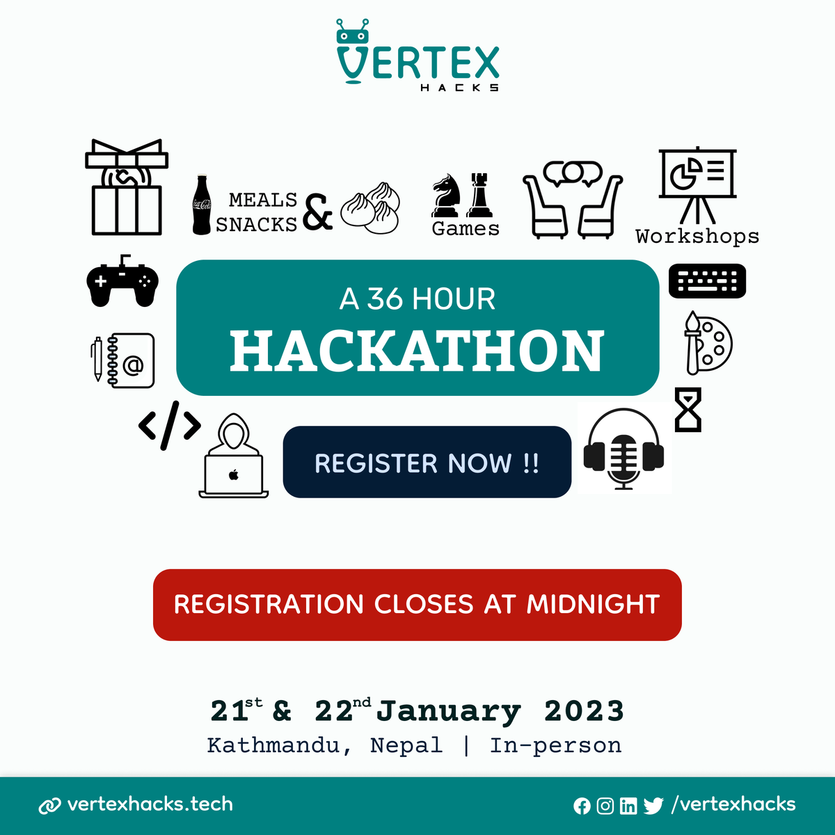 VertexHacks's tweet photo. ATTENTION ALL CODERS!
Registration for the hackathon will close today at 11:59 PM.

So board the ship before it sets sail.- head to the registration page now to secure your spot. We can't wait to see what you come up with!"
link: https://t.co/DbcprFQw0d

#VertexHacks #tech #Nepal https://t.co/WsBUKdJ9zt