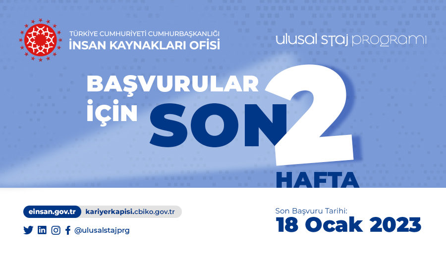 #UlusalStajProgramı 2023 yılı başvurularında son 2 hafta!
 
Hayalini kurduğun kariyere iyi bir başlangıç yapman için seni bekliyoruz! #SeninİçinSeferbiriz <a href="/tccbiko/">T.C. Cumhurbaşkanlığı İnsan Kaynakları Ofisi</a> @einsan_tccbiko <a href="/ulusalstajprg/">Ulusal Staj Programı</a>
 
Son Başvuru Tarihi: 18 Ocak 2023
🔗 kariyerkapisi.cbiko.gov.tr