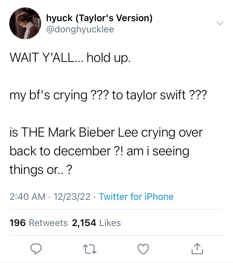 a #markhyuck / mahae mini au wherein. . . 🤎

as the last month of 2022 approaches, boyfriends mk &amp; dh goes down a (kinda) painful memory lane.. with mārk [unbelievably] crying over back to december by taylor swift.
