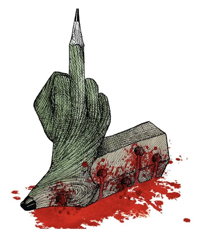 iathom's tweet image. I dag er det åtte år siden attentatet mot @Charlie_Hebdo_ , der sytten mennesker ble massakrert, ti av dem journalister i magasinet, og en sikkerhetsansatt. De seks andre ble myrdet i samkjørte islamistiske aksjoner i Paris samme dag, og dagen etter. Tegningen er ikke signert.