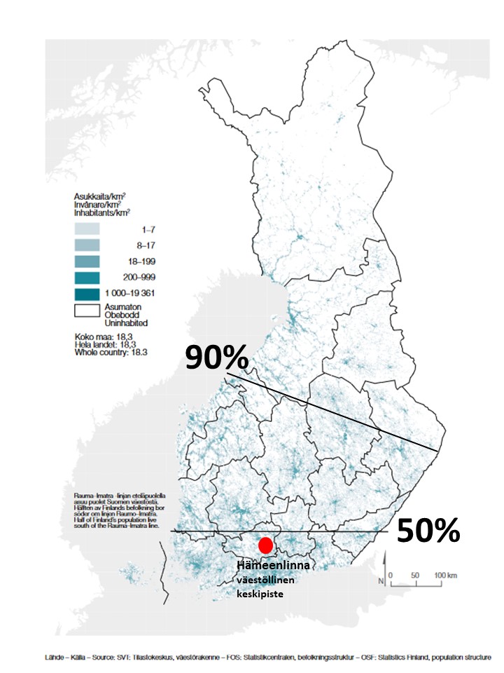 timoaro's tweet photo. SUOMEN VÄESTÖSTÄ 50 prosenttia asuu Rauma-Imatra ja noin 90 prosenttia Kokkola-Joensuu -linjan eteläpuolella. 

Maantieteellinen keskipiste sijatsee määrittelystä riippuen Siikalatvan tai Kärsämäen kunnissa Pohjois-Pohjanmaalla ja väestöllinen keskipiste Hämeenlinnassa. https://t.co/oII25R6CLL