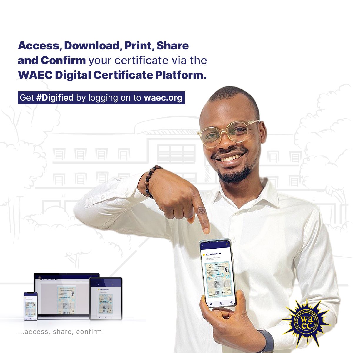waecdigitalcert's tweet photo. Nnana wants to further his studies abroad and needs to easily share his original WAEC certificate with institutions he’s applying to. He successfully did this via the Digital Certificate Platform with a single click!
Get #Digified like NA by logging on to https://t.co/guVVCraw6F https://t.co/EER6oVmTEP