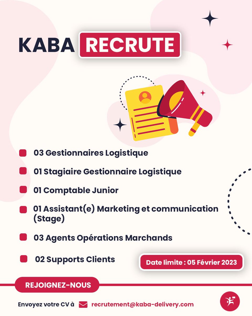 #TgTwittos Dans le cadre de l’activité de Kaba Delivery, divers postes sont ouverts au sein de notre équipe.
Plus de détails sur lesdits postes➡️ tinyurl.com/kabarecrute

#kabarecrute #kabadelivery #job228