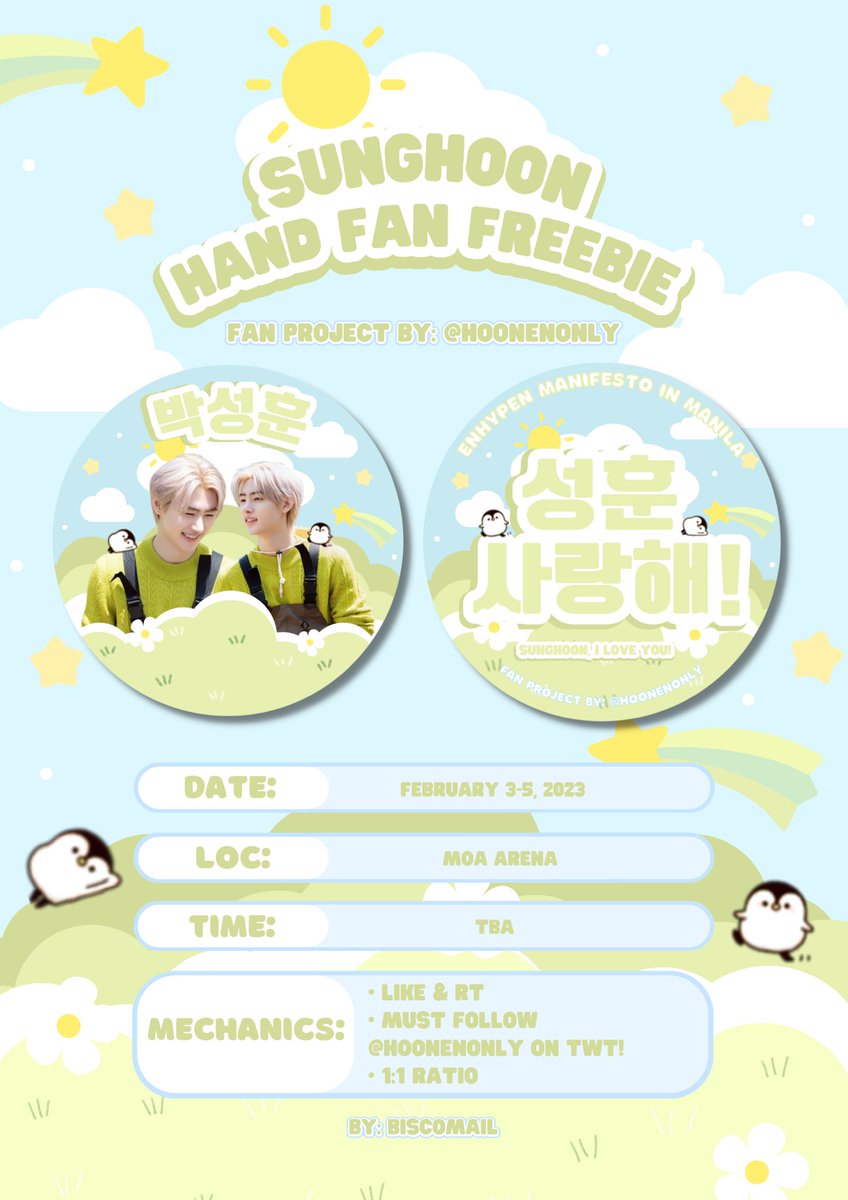 hoonenonly's tweet photo. [ ENHYPEN MANIFESTO IN MANILA ] 
˗ˏˋ꒰🐧꒱ freebies by: @hoonenonly 

i’ll be giving away free SUNGHOON HAND FANS on feb 3-5. 🌤️

・❥・ must be following @hoonenonly 
・❥・ like &amp; rt this post
・❥・ 1:1 ratio only
・❥・ open for all

#ENHYPEN #MANIFESTO_IN_MANILA #miyfreebies https://t.co/SfMQjRzmjj
