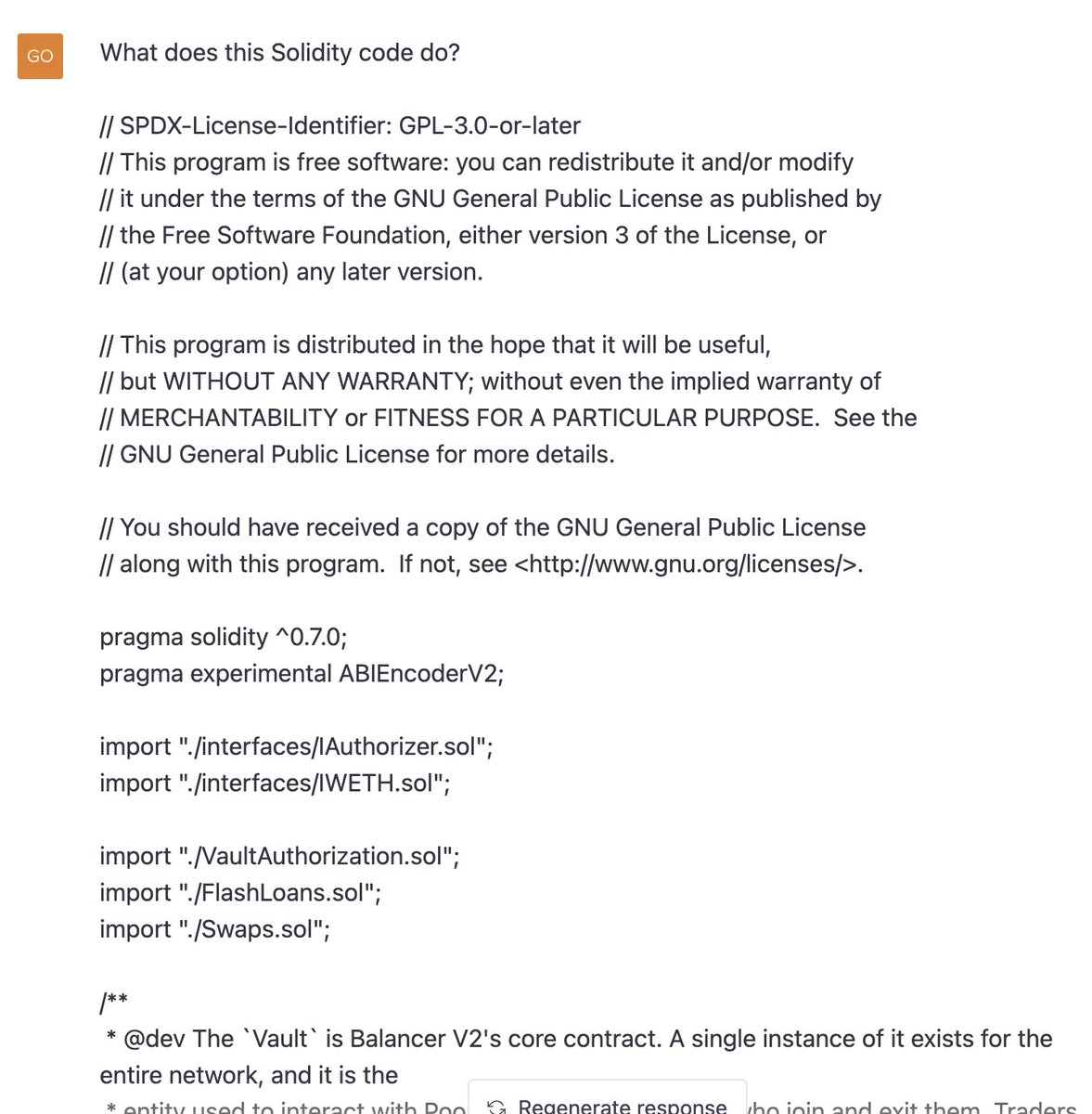 CSBastiat's tweet photo. If you paste smart contract code into ChatGPT, it does a really great job at explaining what it does in plain English. https://t.co/qU0q6MOtuT
