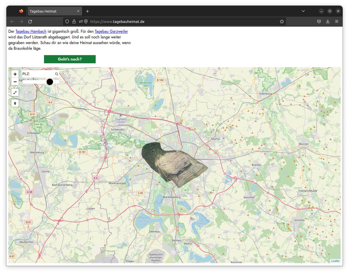 P4F_Leipzig's tweet image. Der Tagebau Hambach. So groß wie die Hälfte von #Leipzig. Da bleibt uns nur eins zu sagen: #EndFossil! #EndCoal! #LuetziBleibt!

Wie oft passt deine Heimat in den Tagebau? Probier es aus &amp;amp; versuche dir vorzustellen, du könntest sie nie wieder besuchen. tagebauheimat.de