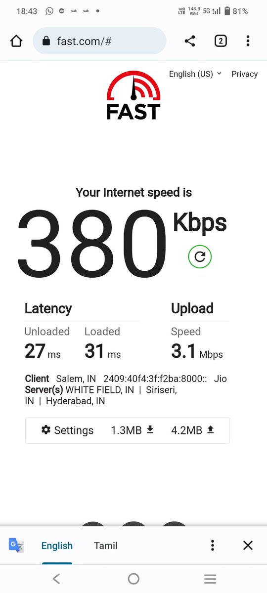 TamilmaniTweets's tweet photo. @reliancejio @JioCare getting very low speed in your 5G network browsing itself looks like a big task with this speed in hosur city Tamilnadu state. Speed tested location ARRS silks hosur backside hosur main Bus stand. Find screenshot below https://t.co/e41OVuPI5v