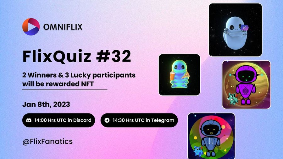 FlixFanatics's tweet photo. FlixQuiz#32 
Lets celebrate #Sunday Funday, planned for our #FlixFam &amp; #FlixFans with @OmniFlixNetwork &amp; #FlixFanatics

1400hrs UTC on Discord - 
Link https://t.co/9Qq8h0Ss4i

1430hrs UTC on Telegram - 
Link https://t.co/b00wvmKOOT

5 #NFTs will be rewarded https://t.co/2l6l1qJvwj