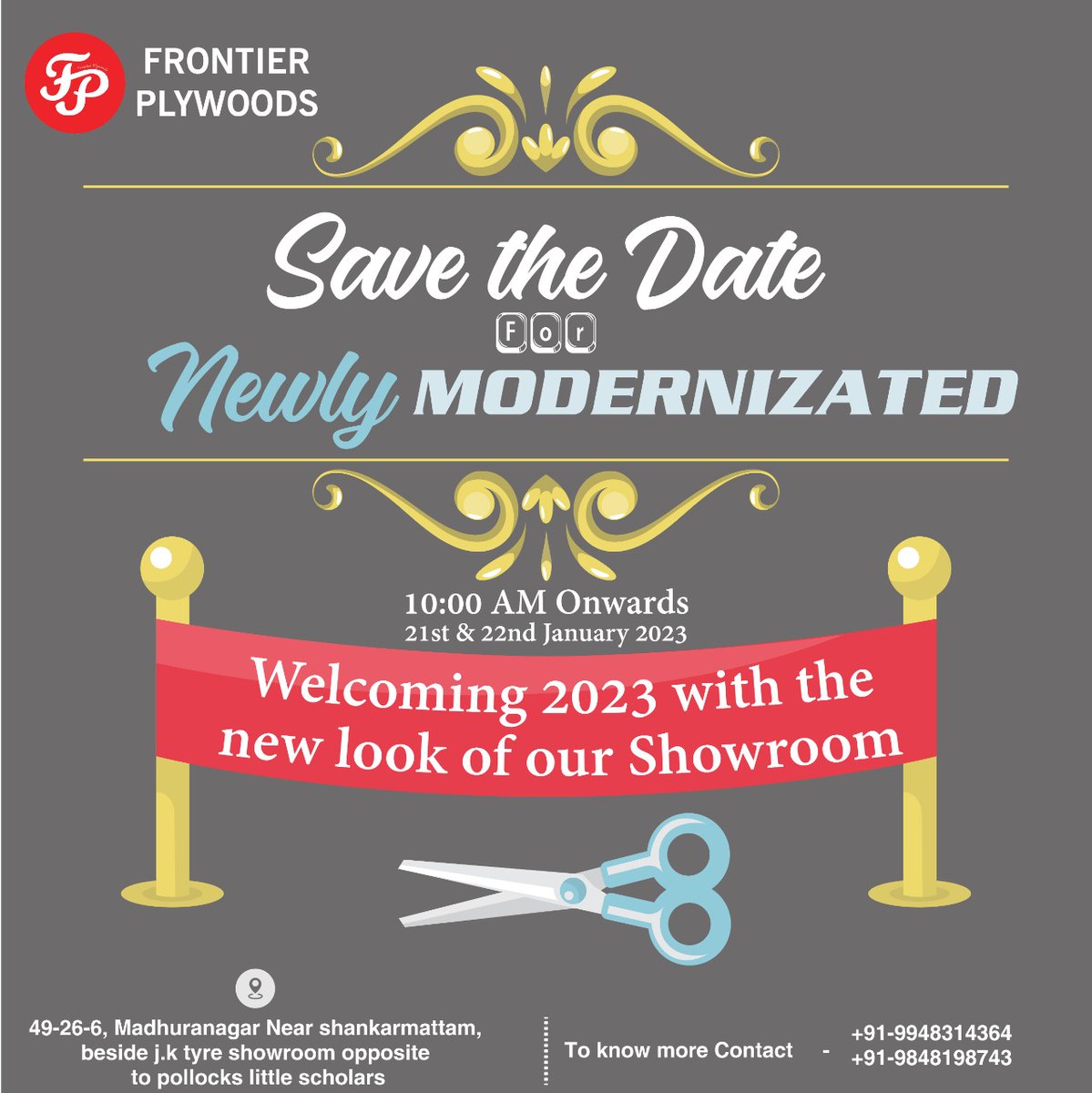 Frontier_Ply's tweet photo. IT'S OUR GRAND OPENING,
#frontierplywoods #lokeshgolecha #igmarketing
#indogolechamarketing #plywood #plywoodinterior
#plywooddesign #visakhapatnamnews #visakhapatnambeach
#visakhapatnamdiaries #vizag #vizagdiaries
#vizagbeach #vizagcity #vizagblogger #vizagcelebrities https://t.co/2wvOgtbqF2