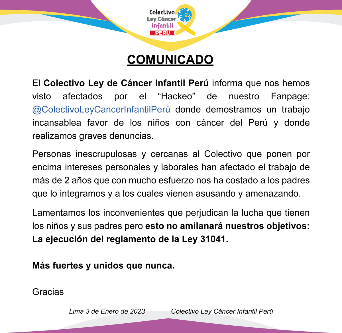 LeyCancerInfant's tweet photo. Muy lamentable el accionar de algunas personas, pero esto nos hace más fuertes y con mas ganas de seguir luchando por nuestros pequeños:💛🙌
#ElCáncerNoEspera
#NuestrosNiñosNosNecesitan https://t.co/3sKFIuxLiC