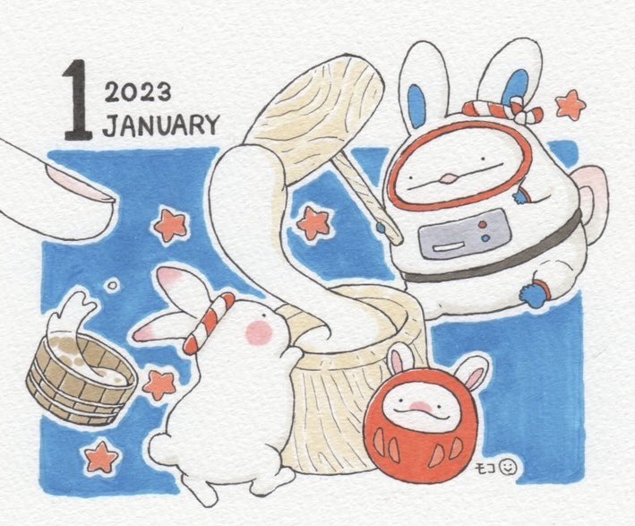 「うおマロ、無重力餅つき。今月のカレンダー待ち受けが完成しました!遅くなってしまい」|モコ@うおマロ漫画更新中です！のイラスト
