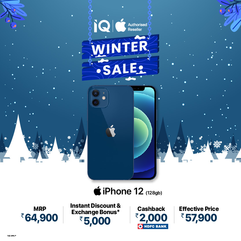 The most awaited winter sale is here. Switch to your favorite #iPhone12(128GB) for just Rs.57,900*. Get Rs. 2,000 #Cashback on using #HDFC bank cards. 

Hurry to your nearest #IQstore and get yours now!

#appleiphone #AppleiPhone12 #appleiphone12series #iphone12128gb #iPhone