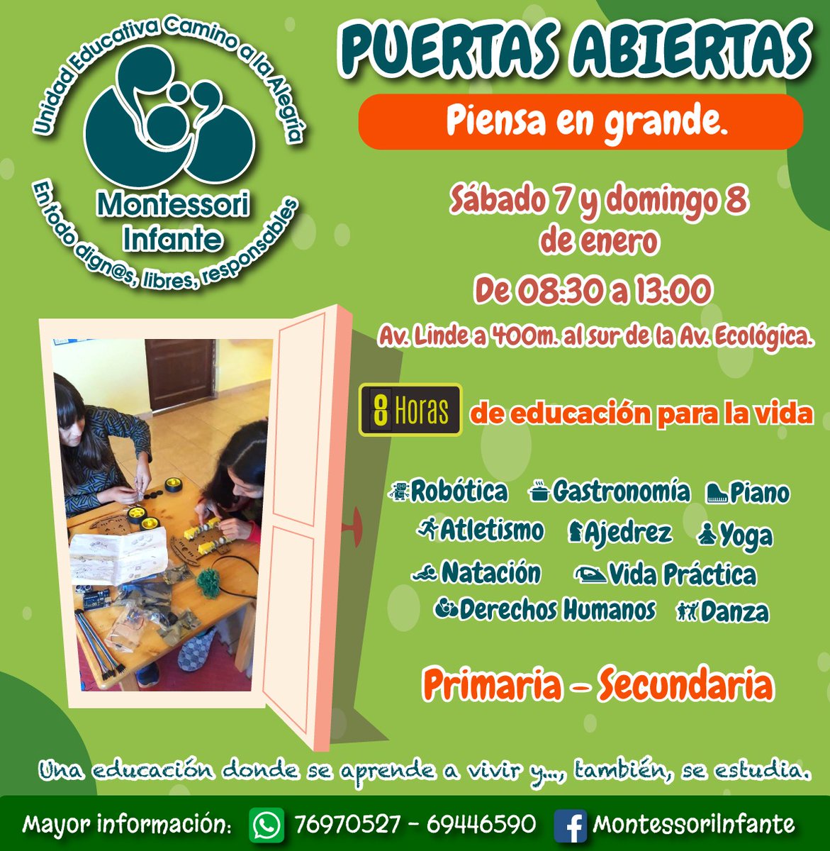 BoliviaInfante's tweet photo. PUERTAS ABIERTAS
MONTESSORI INFANTE 
PRIMARIA Y SECUNDARIA 
Sábado 7 y domingo 8 de enero
De 08:00 a 13:00
📍Dirección: Av. Linde
Ubicación: https://t.co/07v3KmkdaY
📞 WhatsApp 694 46590 https://t.co/dKnXihnUKs
🖥️https://t.co/uCDlks2T7m
#MontessoriSecundaria 
#EducaciónMontessori https://t.co/aDZ734pGbm