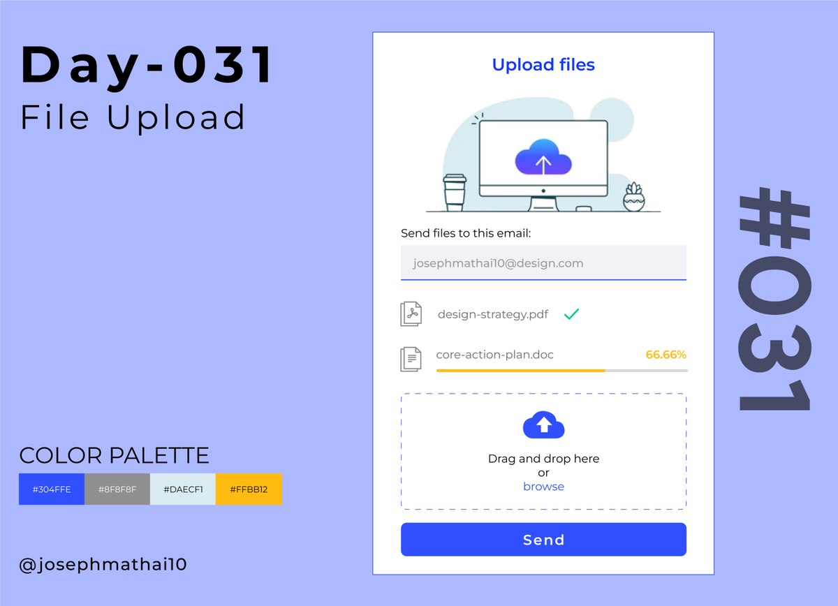 josephMathai_10's tweet photo. UI Design Challenge - Daily Log
Day 31: January 7, 2023
Today's Task: File Upload
Task Description: It is a feature on website that allows users to upload files from their computer to the website or application.
#uidesign #50daysofui #dailyuichallenge #design #designchallenge #ui https://t.co/UhCUABmLS6