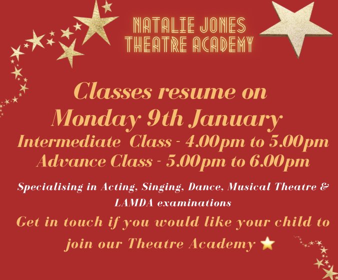NJonespa's tweet photo. Our Theatre Academy starts back on Monday ⭐️ We have a January enrolment- get in touch if you would like your child to join ⭐️🎭⭐️
Advance Class please bring your LAMDA scripts. https://t.co/tXlKwAWTZe