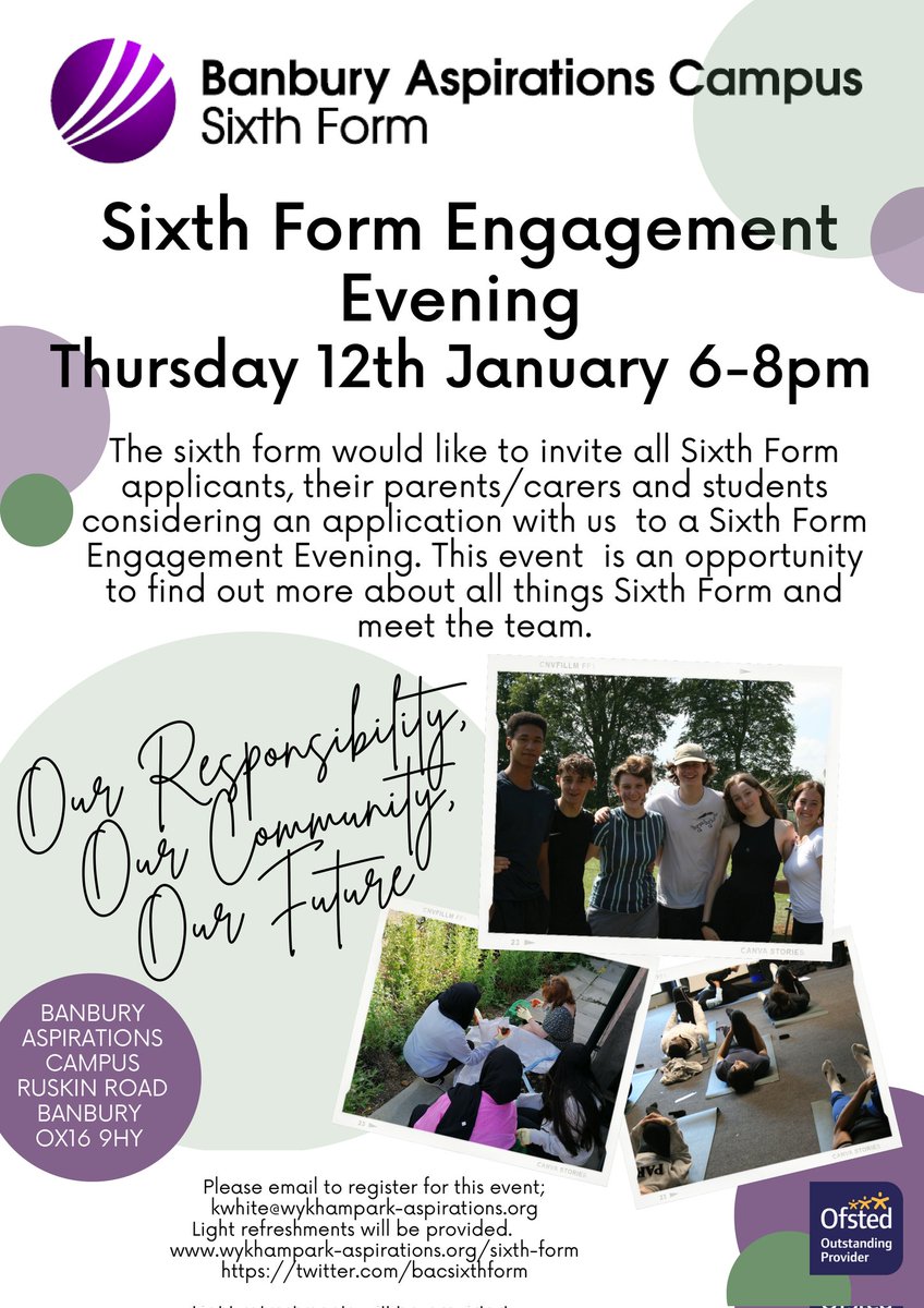 bacsixthform's tweet photo. Come along to our Engagement Evening on Thursday 12th January 6-8pm to find out more about our outstanding Sixth Form. Please email kwhite@wykhampark-aspirations.org to register. https://t.co/IQYwsGJY3c