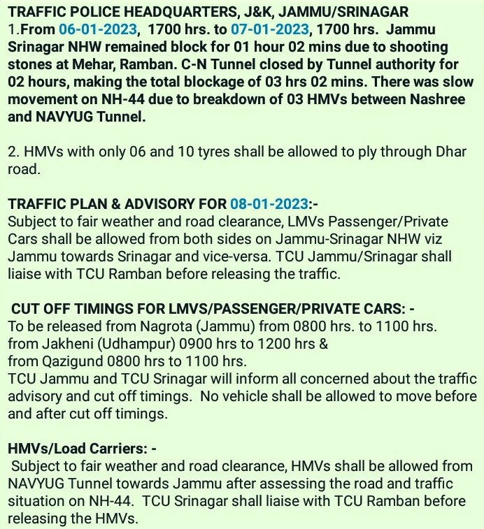 Traffic_hqrs's tweet photo. Traffic plan for 08-01-2023 @JmuKmrPolice @OfficeOfLGJandK @JKTransportDept @Divcomjammu @DivisionalComm1 @diprjk @ZPHQJammu @KashmirRadio @RadioKashmir48 @ddnewsSrinagar @SrinagarPolice @ddnews_jammu @ddnewsladakh @DDNational https://t.co/ATpntIF7lV