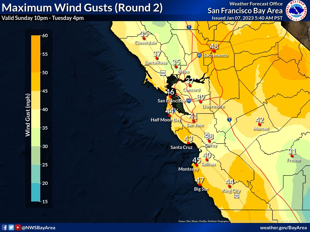 The next few days will feature two separate storms. The first starting today through Sunday morning. There will be a brief dry period on Sunday, then the second round starting Sunday night through Tuesday morning. Here are the latest forecast totals and max wind gusts.

#CAwx