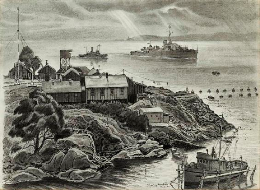 HMCS St. Catharines Entering Esquimalt Harbour
Drawn by Rowley Murphy in 1943
Beaverbrook Collection of War Art
CWM 19710261-2399

#MilitaryHistory #WarArt #SecondWorldWar #WWII #Esquimalt #RoyalCanadianNavy #RCN #CanadianNavy #CanadianHistory