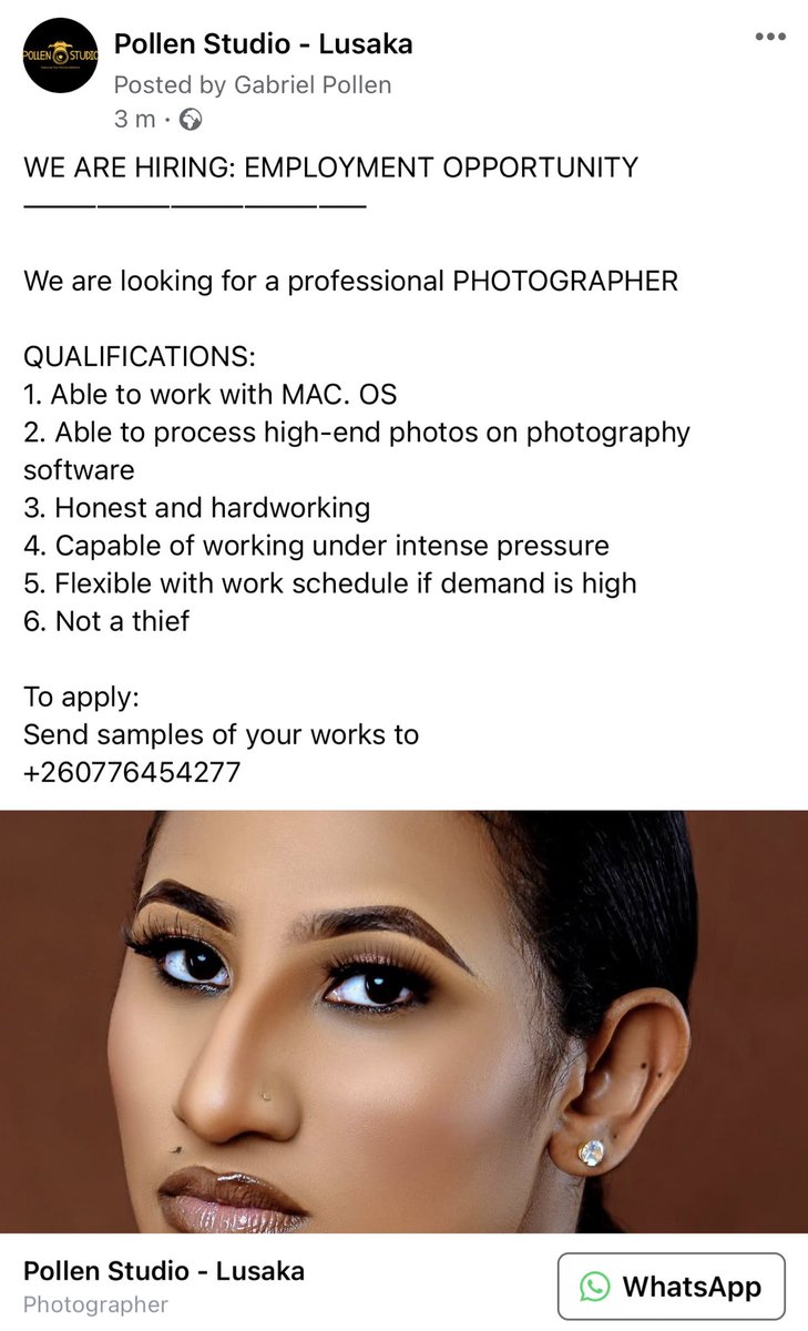 tgpollen's tweet photo. Employment opportunity, kindly retweet. 

Qualification 6 is deliberate. Small businesses suffer immensely from callous, unappreciative and thieving employees. https://t.co/uxuMJupNmh