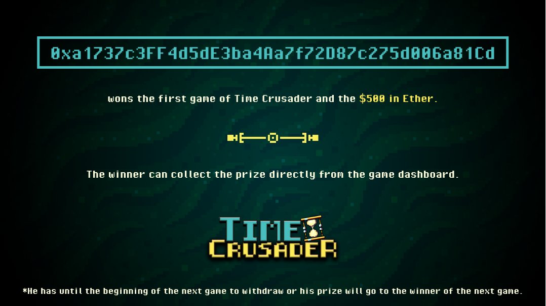 The winner of the first Time Crusader game is 0xa1737c3FF4d5dE3ba4Aa7f72D87c275d006a81Cd with a time of 3:35:23!

*Winner has until the start of the next game (6 PM UTC today) to withdraw his prize otherwise the reward will go to the next winner!

#Arbitrum #TimeCrusader