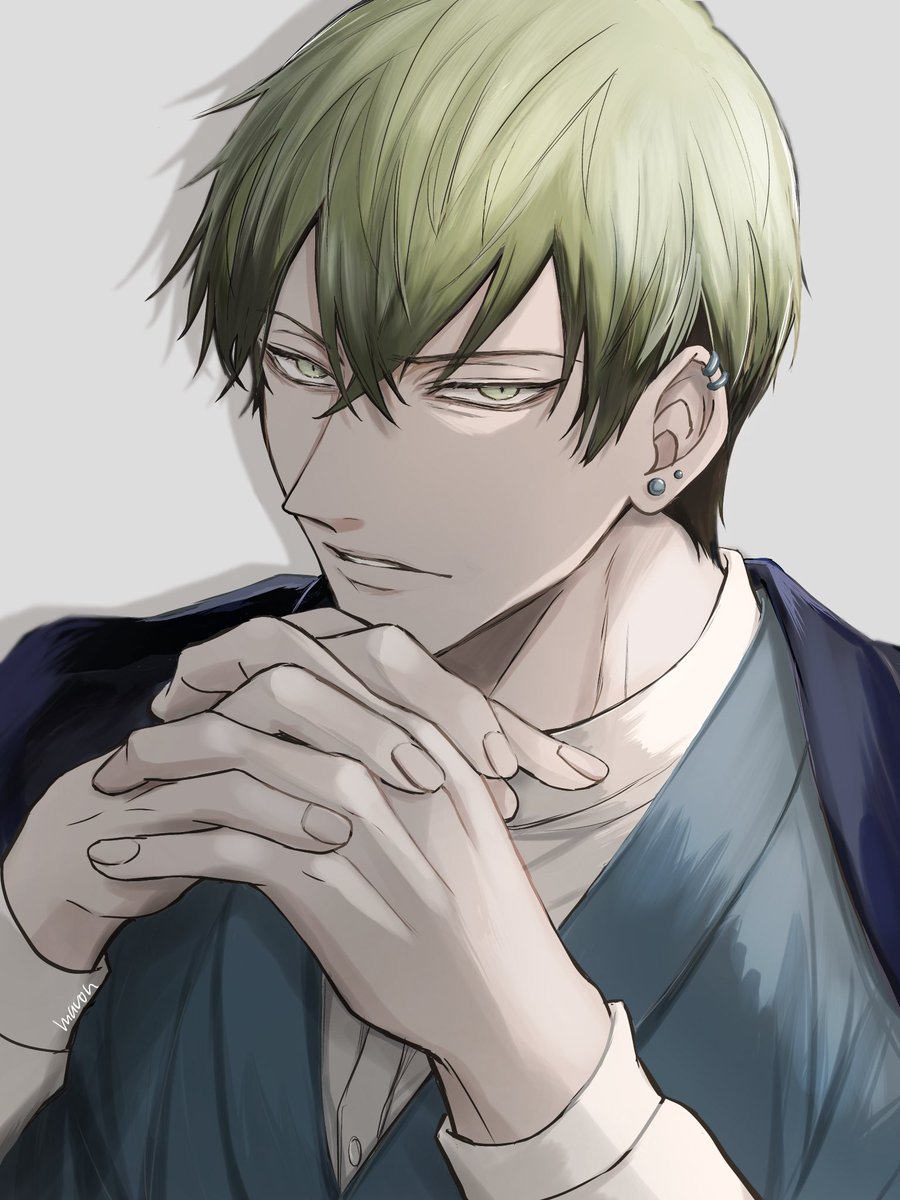 1boy male focus solo looking at viewer green hair piercing own hands together  illustration images