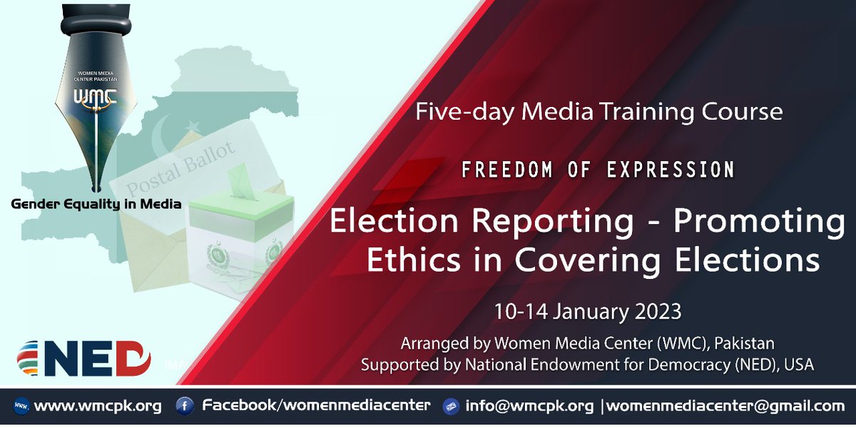WMCPAK's tweet photo. WMC is arranging a five-day electronic media training course only for Quetta based female journalists and students  on "Freedom of Expression: Promoting Ethics in covering Elections".

#WMC #Workshop #Quetta #Media #Journalism #Dollar https://t.co/NCXYmr8wjh