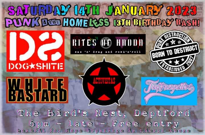 Dave Barnard (@dave2012barney) on Twitter photo Saturday 14th January,  get down to Deptford <a href="/thebirdsnestpub/">The Birds Nest</a> to shake some action with <a href="/Rites_of_Hadda/">Rites of Hadda</a> and more.  
#Punk fundraiser/ celebration for <a href="/P4THofficial/">Punk 4 The Homeless</a> 
I'd love to see #Activstas that night, but can't make it over that a way... dagnabbit Saturday 14th January,  get down to Deptford <a href="/thebirdsnestpub/">The Birds Nest</a> to shake some action with <a href="/Rites_of_Hadda/">Rites of Hadda</a> and more.  
#Punk fundraiser/ celebration for <a href="/P4THofficial/">Punk 4 The Homeless</a> 
I'd love to see #Activstas that night, but can't make it over that a way... dagnabbit