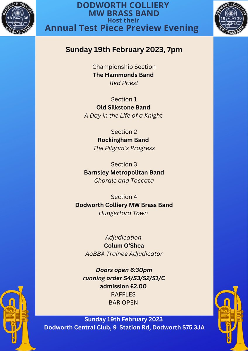 5 fantastic bands showcasing their regional test pieces
Sunday 19th February 2023

Doors open 6:30pm
£2 admission

<a href="/hammondsband/">Hammonds Band</a>
<a href="/OldSilkstone/">Old Silkstone Band</a>
<a href="/RockinghamBand/">Rockingham Band</a>
<a href="/BarnsleyMetBand/">Barnsley Met Band</a>

#Dodworth
#Barnsley
#SouthYorkshire
#Yorkshire 
#Regs2023
#TestPiecePreview
#DodworthCentralClub