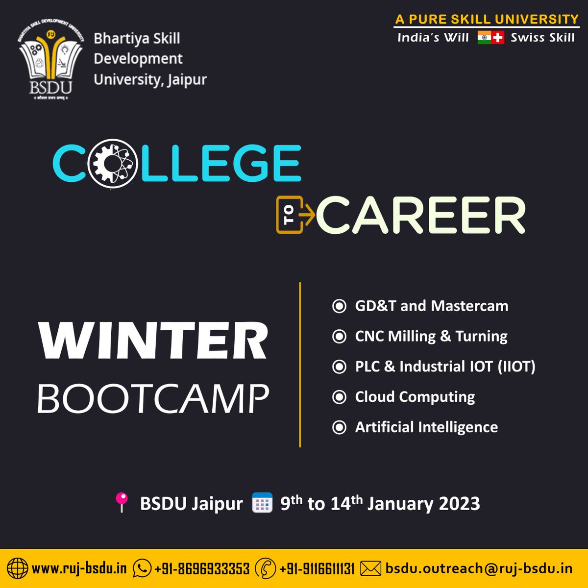 BsduOfficial's tweet photo. Set Yourself Ahead of Your #Peers!!
You are invited to explore our Certificate, Adv. Certificate, & STTP that will equip you with the #Skills for a Successful #Career
For Queries: 086969 33353
BSDU Model = Education + Experience + Earnings
#BSDUJaipur #BSDUSkill #bootcamp https://t.co/TzRjJOit4e