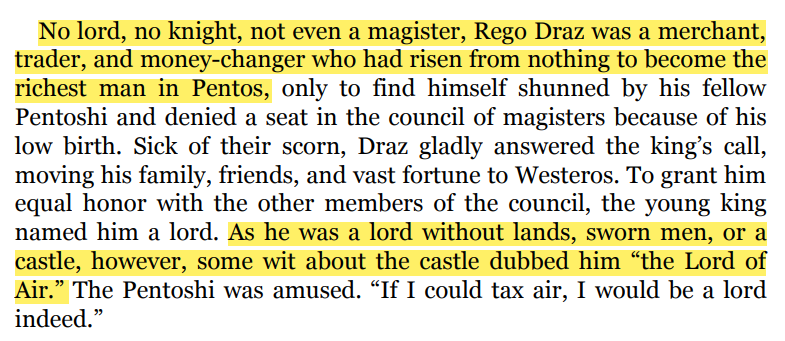 jesmaralc's tweet photo. Jaehaerys appointed an unlikely candidate as his Master of Coin, Rego Draz. As Rego was a lord without lands/sworn men, some folks joked about him as the Lord of Air. 

Rego excelled in this office &amp; helped a lot in rebuilding the realm's economy after Maegor's wars #fireandblood https://t.co/aoqPV9WyVh