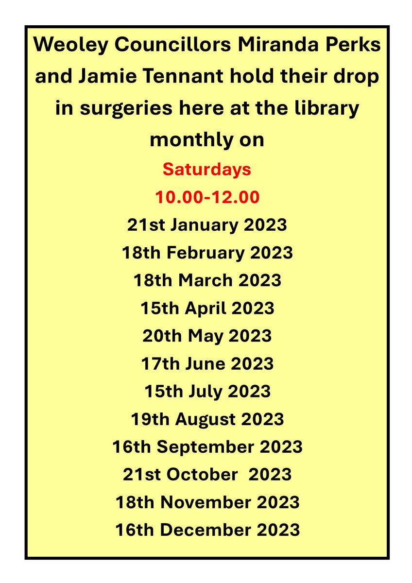 This year's Councillor's surgery dates at the library.