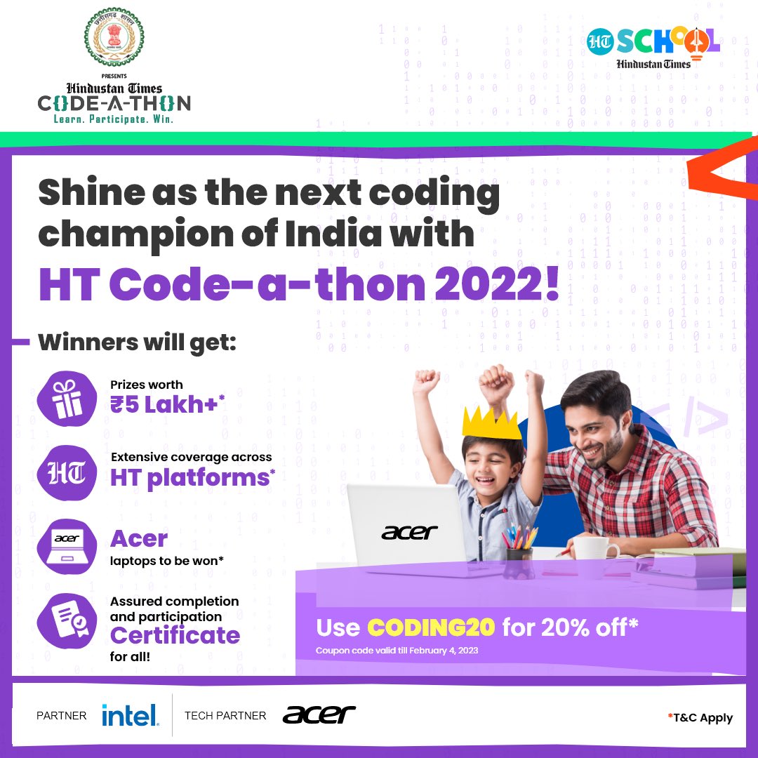 htschooltweets's tweet image. Head over to bit.ly/3QnJn08 to register for HT Code-a-thon 2022 - Partner, Intel (R).
#codeathon #htcodeathon #codingchampionship #codingfun #codinglife #codingcompetition #codingchallenge #codeathon2022 #htschool