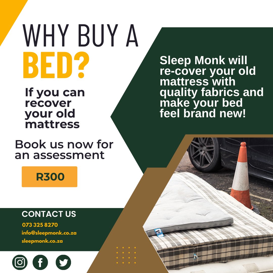 SLEEPMONK1's tweet photo. Guess what! Sleep Monk introduces Sleep Monk repairs. The simple question is  - Why  buy a new bed if you can get your old one repaired? Book your bed assessment now &amp; save huge costs on buying a bed. Simply visit https://t.co/IbCScstDjU, click repairs &amp; book your assessment now. https://t.co/NcTotnc9FH