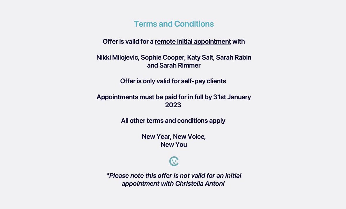 ChristellaVoice's tweet photo. Happy New Year from Christella and Associates
Start your voice journey with 10% off remote initial assessments with Nikki Milojevic, Sophie Cooper, Katy Salt, Sarah Rabin & Sarah Rimmer.
https://t.co/F0Ico5Of6B
#voicetherapy #speechtherapy #voicefeminisation #transvoice https://t.co/Oh2NpblkBU