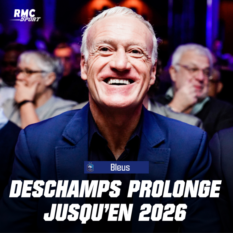 RMCsport's tweet photo. 🇫🇷 C'est officiel ! Son avenir à la tête des Bleus était au coeur de l'actualité. Et la grande nouvelle vient de tomber. 

Didier Deschamps prolonge comme sélectionneur de l'équipe de France jusqu'en 2026.
